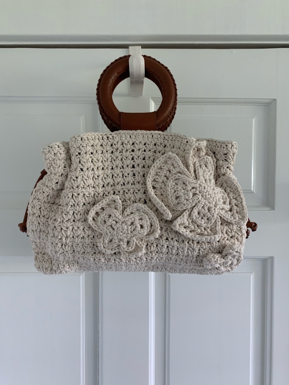 Patricia Nash Cream Crochet Tote with Brown Round Handles